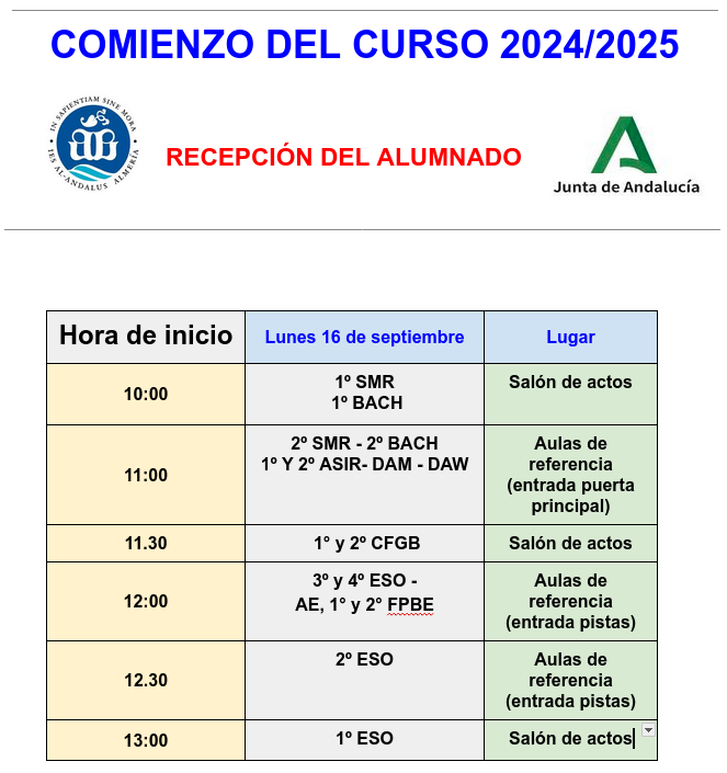 Calendario Inicio Curso 2024-2025